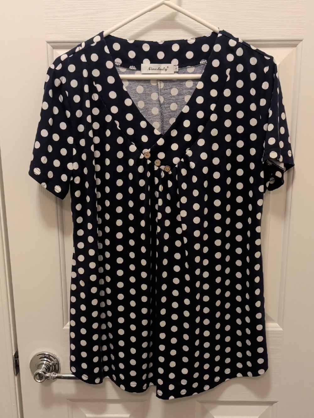 Ninedaily Navy And White Polka Dot V-Neck Top